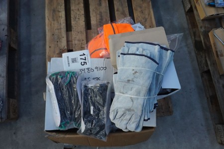 Lot of work gloves, welding gloves, hats and safety glasses