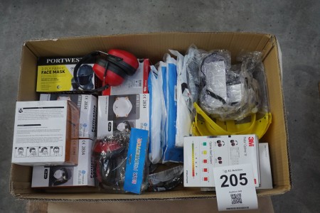 Box with various hearing protection, face masks, safety glasses, etc.