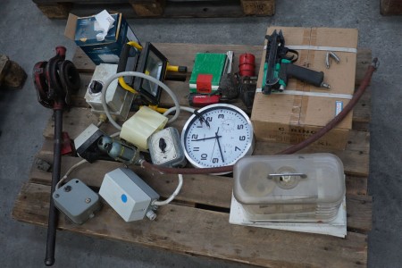 Pallet with various power boxes, clock, pipe cutter, etc.