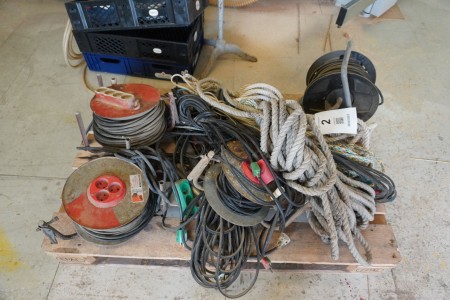 Large batch of cable reels, extension cables & ropes