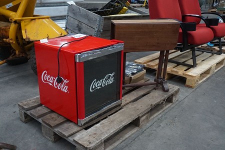 Mini fridge, Coca Cola, menu card and wooden table