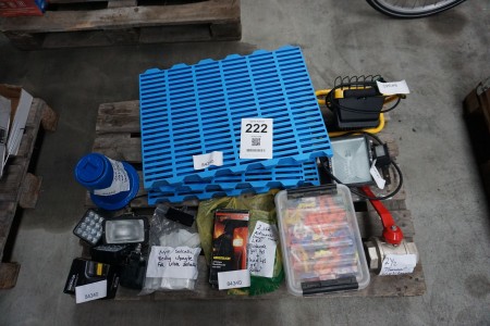 Pallet with various work lamps, solar cell brackets, ball valve, etc.