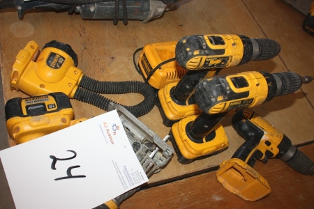 Cordless tools, DeWalt: 2 x drill with battery + 1 drill without battery + charger + lamp + jigsaw with battery