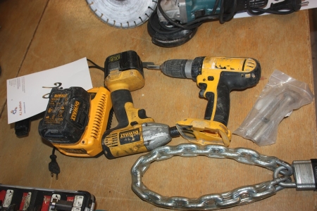 Cordless tools, DeWalt: Drill + bolt screwdriver + charger + 2 batteries + chain lock with key + lock cylinder for front door