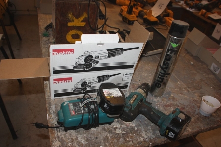 Cordless drill, Makita 8444D + charger + angle grinder, Makita GA 5030, ø 125 mm, unused + marking spray, Rocol EasyLine