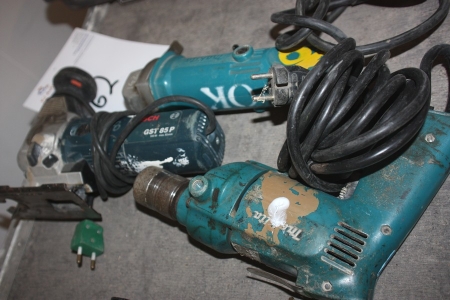 3 stk. el-håndværktøj: stiksav, Bosch + pladenibbler, Makita + boremaskine, Makita