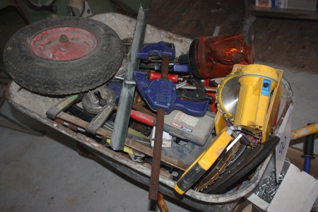 Wheelbarrow containing clamps, hand tools, etc. + box with popnittegrej
