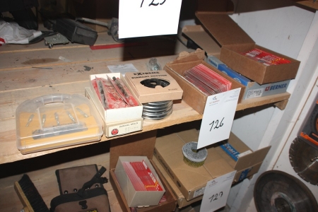 Shelf with jigsaw blades, diamond cup grinder, drills / Bits, cutting discs