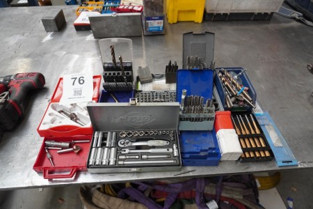 Lot of drills, bits, ratchet wrench set, etc.