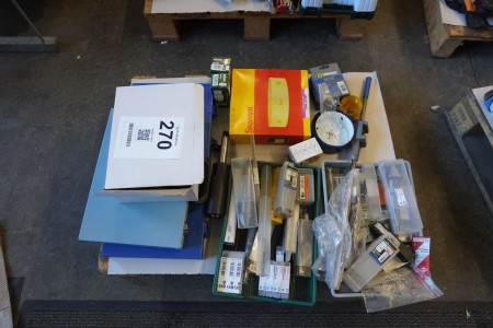 2 boxes with drills + various end mills, cup drills, tape measure etc.