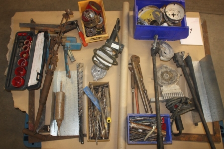 Pallet with tube bending tools, hollow drill set, plastic tube welders, masonry drills, pipe wrenches, etc.