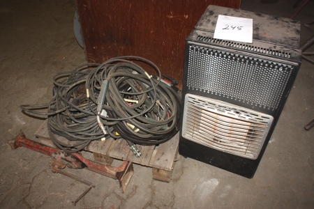 Gas heater with gas cylinder + welding cables on pallet + "coffee grinder"