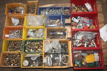 Pallet with various assortment boxes with plumbing fittings, brass, etc.