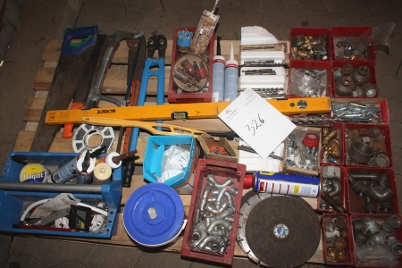 Pallet with various plumbing fittings, tools, etc.