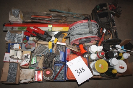 Pallet with various tools, consumables, cable drum, etc.