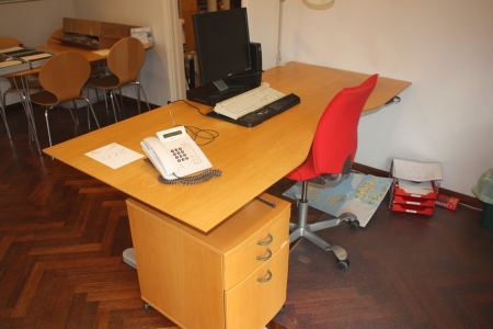 Elevating desk, Ergolevel + drawer + chair + run base + bookcase, 2 section, roll front, without content + Flat, Dell + 2 x thin client, Itona