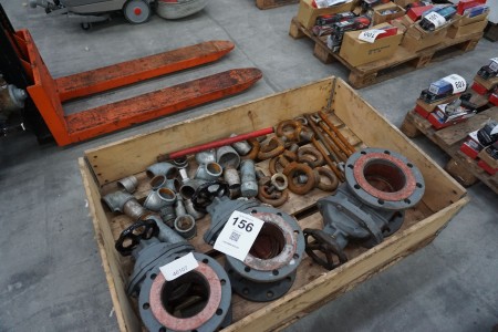 Pallet with various screw valves, lifting eyes, etc.