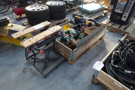 Pallet with various drills, chains, vices, etc.