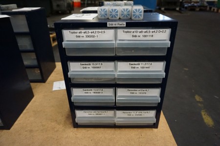 Assortment rack with contents of various drills, steel, etc.