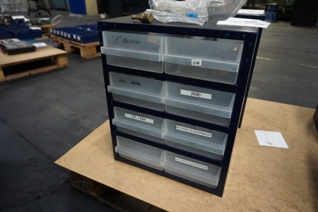 Assortment rack with contents of various threaded trays, drill & steel, etc.