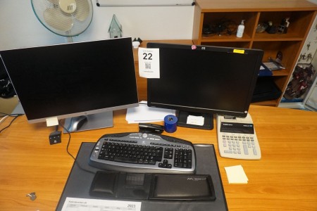 2 pcs. Monitors, HP, Keyboard, Logitech and calculator, Canon BP26-LTS