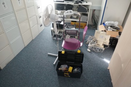 3 step ladder, fan, tool box with contents and chair