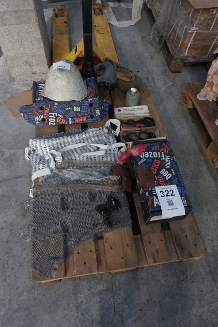 Pallet with various safety glasses, breastplates etc.