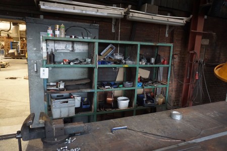 Workshop shelf with contents of various welding/pipe pliers, hand tools, etc